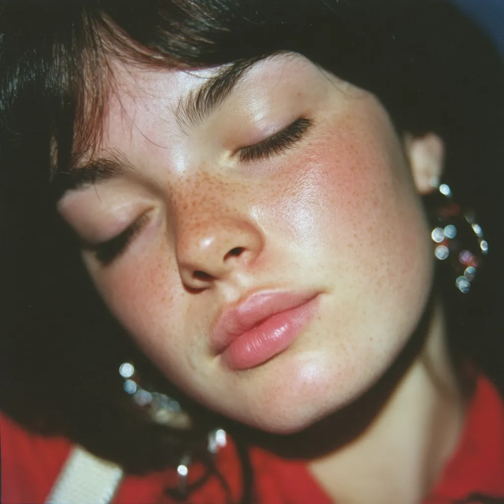 Close-up shot of a young woman with dark hair and freckles, her eyes closed.  Her skin has a natural, dewy glow, and she's wearing large, sparkly earrings. She's dressed in a red shirt, and the image has a slightly grainy, film-like quality, suggesting a candid or intimate moment. The overall mood is serene and peaceful.