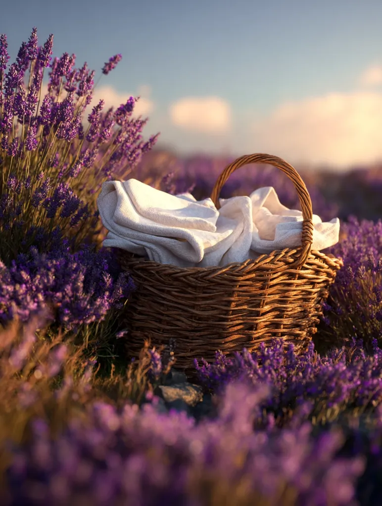 A wicker basket filled with soft, white cloth sits nestled amongst a vibrant field of purple lavender.  The setting sun casts a warm glow, creating a serene and idyllic scene. The lavender blooms surround the basket, creating a fragrant and picturesque tableau. The overall image evokes feelings of calmness and tranquility.