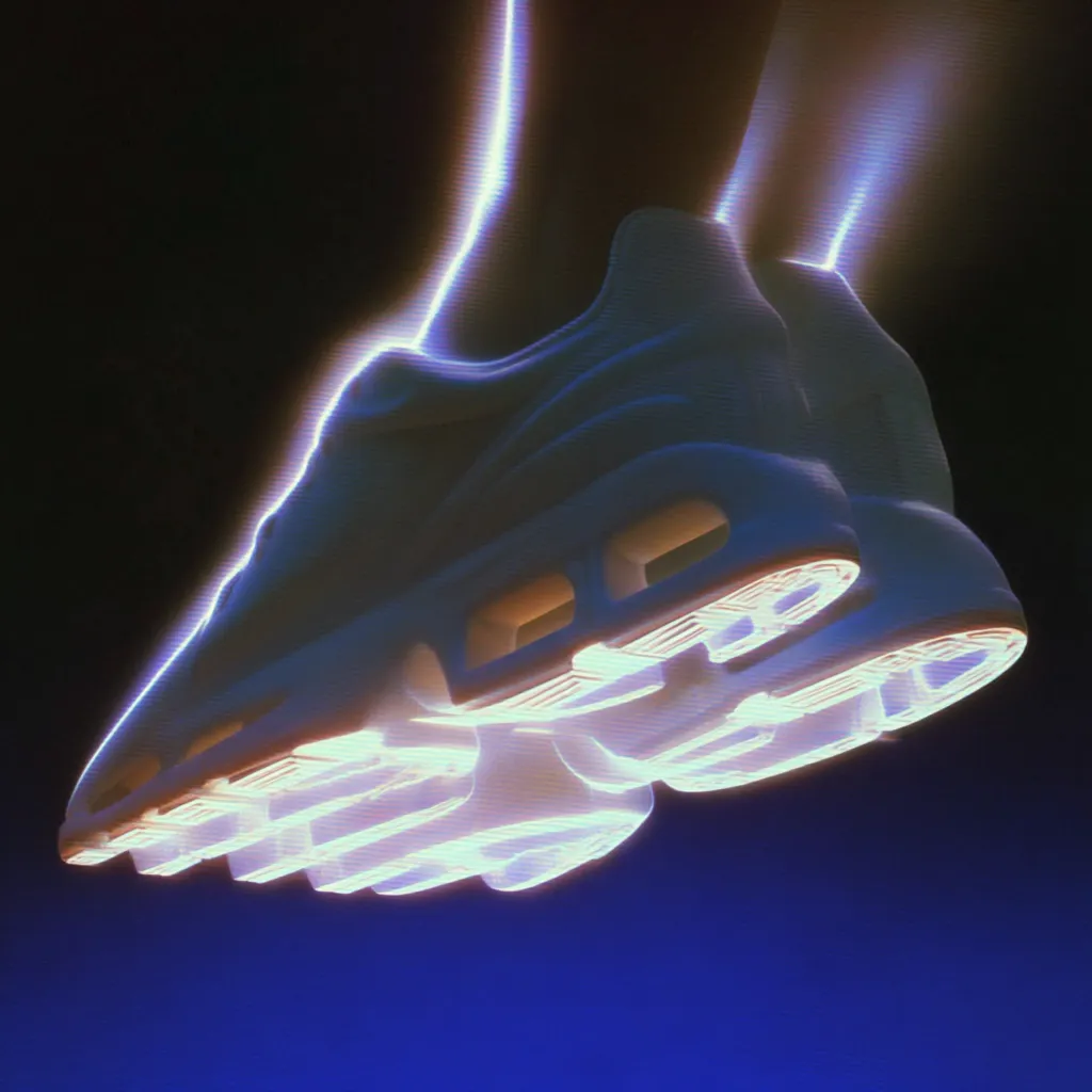 A close-up shot reveals a pair of light-blue athletic shoes, their soles prominently featured.  The shoes are illuminated with a vibrant, almost neon-like glow, creating a striking contrast against the dark background. The image evokes a futuristic or high-tech aesthetic, emphasizing the shoe's design and texture.  The legs of the wearer are subtly visible, adding to the dynamic feel.