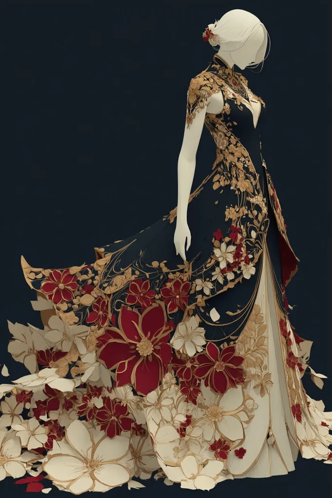 A mannequin displays a stunning gown. The navy blue dress is adorned with intricately detailed, three-dimensional floral appliqués in gold and deep red, cascading dramatically to the floor. The dress features a high neckline and sleeveless design, creating an elegant and sophisticated silhouette. The overall effect is one of luxurious artistry and refined beauty.