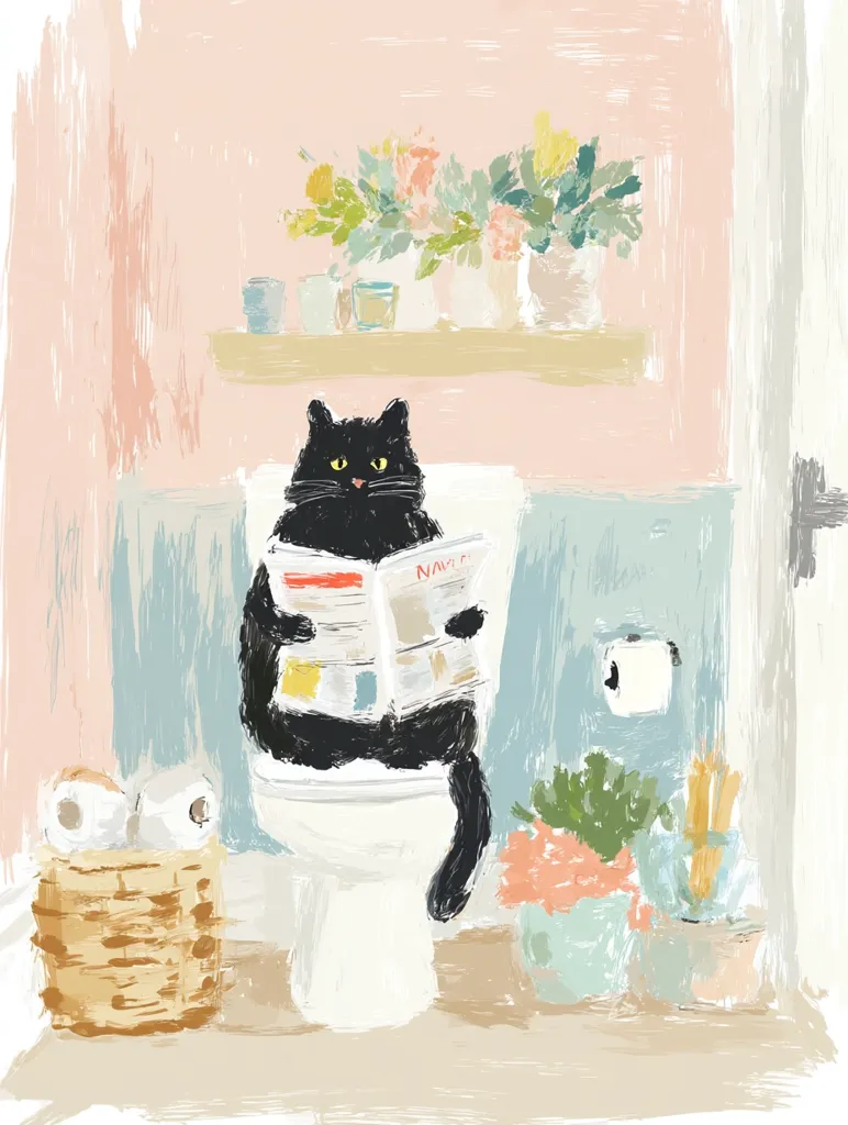 A black cat sits on a toilet in a pastel-colored bathroom, engrossed in reading a newspaper.  Flowers are on a shelf above the toilet, and a basket of toilet paper sits nearby. The painting style is loose and expressive, with visible brushstrokes creating a whimsical and charming scene.  The overall mood is lighthearted and slightly humorous.