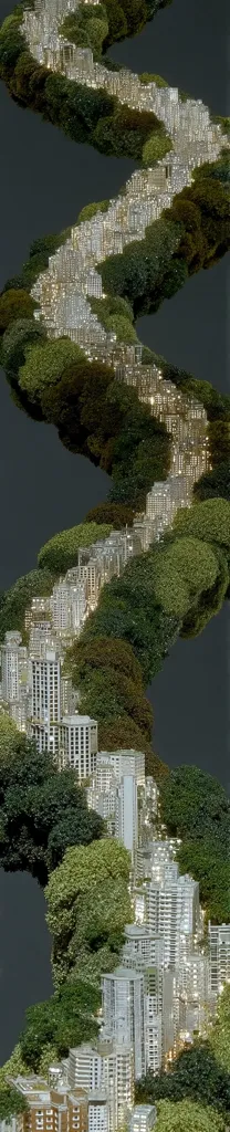 A meticulously crafted miniature cityscape winds along a verdant, serpentine path.  Buildings, rendered in gleaming silver, are nestled amongst lush green foliage, creating a captivating contrast between urban development and natural landscape. The image evokes a sense of harmony between the built and natural environments, showcasing a unique architectural vision. The composition is visually striking, with its winding path drawing the viewer's eye through the entire scene.