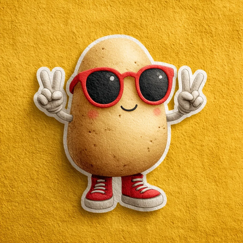 A cartoon potato character, rendered in a paper cutout style, sports red sunglasses and red sneakers.  It's giving a peace sign with each hand, set against a mustard yellow textured background. The potato has a cheerful expression and appears to be enjoying a carefree summer vibe.  The overall style is playful and whimsical.
