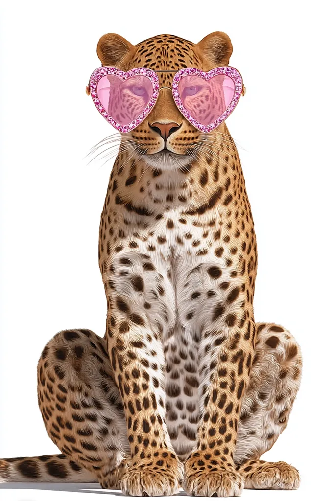 A leopard sits against a white background, wearing large pink heart-shaped sunglasses adorned with sparkly embellishments.  The leopard's expression is serious, its gaze directed forward. The image is a stylized portrait, with a focus on the animal's fur pattern and the contrast between the wild feline and the fashionable accessories.