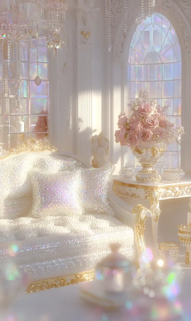 A luxurious, iridescent white sofa with gold accents sits in a sunlit room.  The room is decorated in an ornate, feminine style with crystal chandeliers, a large arched window, and a vase of pink roses.  The overall aesthetic is dreamy and whimsical, with a soft, pastel color palette and sparkling textures.  The scene is highly stylized, possibly from a dollhouse or miniature set.