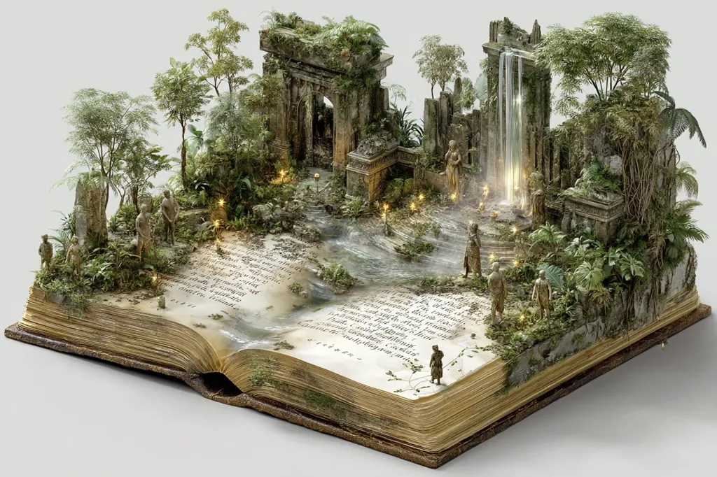 A lush, overgrown ancient ruin springs from the pages of an open book.  Miniature figures are scattered amongst the vegetation and crumbling stonework, which includes a small waterfall.  The scene is illuminated by soft, glowing lights, creating a magical, fantastical atmosphere.  The book's aged pages form the landscape, blending seamlessly with the miniature world above.
