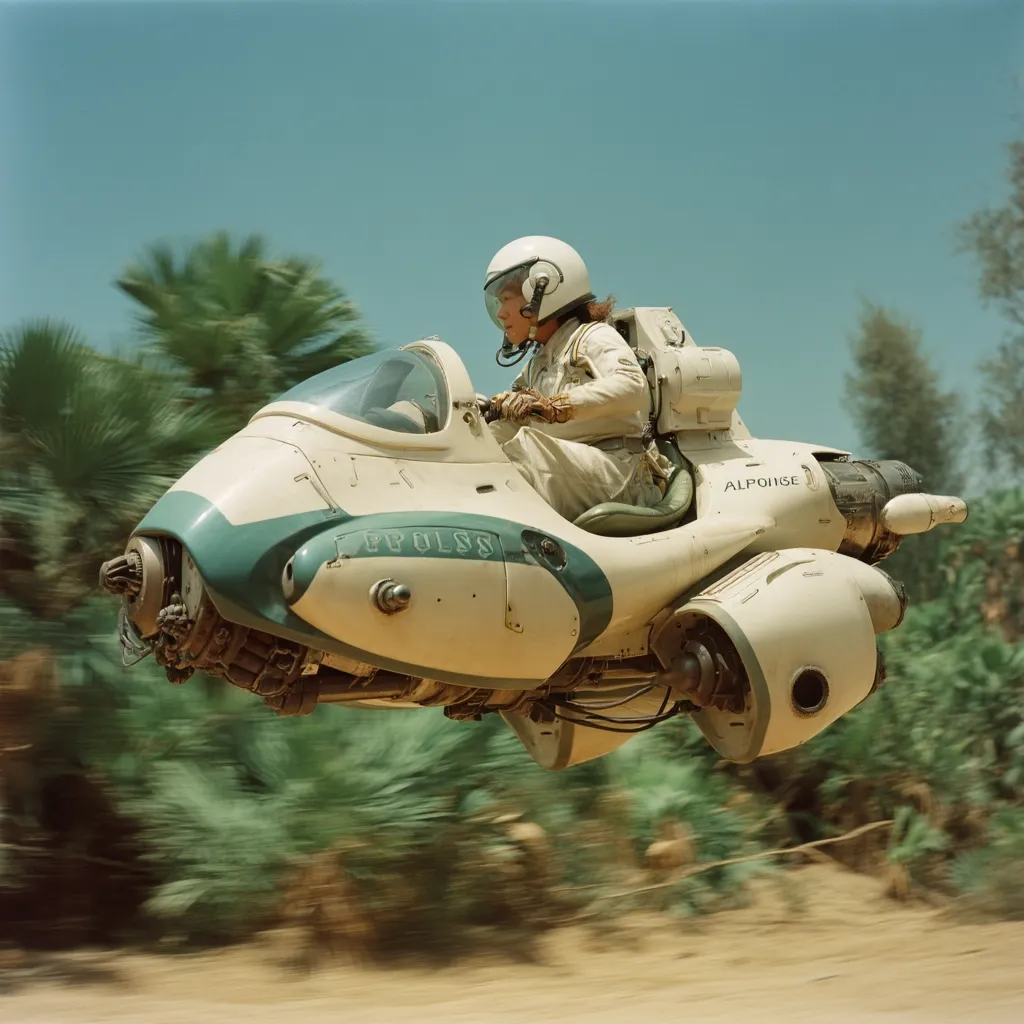 A futuristic, cream and teal, single-person vehicle, labeled "Alpoise," speeds across a desert landscape.  The pilot, wearing a white helmet and light-colored jumpsuit, grips the controls.  The vehicle appears to be hovering just above the ground, with visible engine components.  The blurred background suggests high speed.