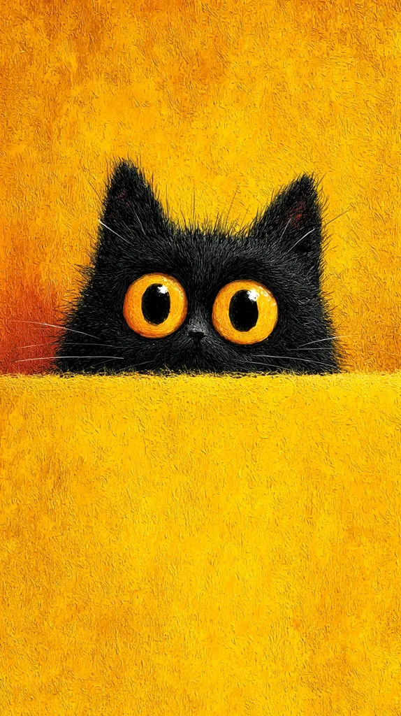A black cat with large, round, orange eyes peeks over a bright yellow textured surface.  Only the cat's head and shoulders are visible. The contrast between the black fur and the vibrant yellow background creates a striking image. The cat's expression is curious and slightly mischievous. The style is reminiscent of digital painting or illustration.
