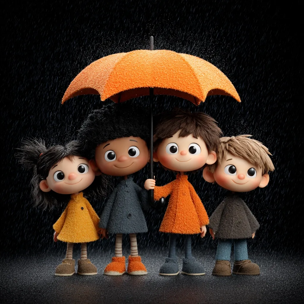 Four adorable cartoon children, a girl with dark hair and three boys with varying hair colors, huddle together under a bright orange umbrella in a gentle rain.  They are dressed in warm, fuzzy coats and boots, their large eyes conveying a sense of camaraderie and shared experience. The dark background accentuates the cheerful scene, highlighting their unity against the elements.
