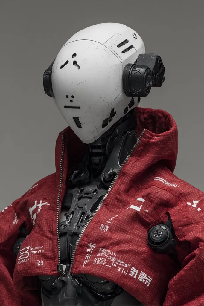 A close-up shot reveals a futuristic robot, its head encased in a worn white helmet adorned with minimalist markings.  The robot's body is partially concealed by a vibrant red jacket featuring Asian characters and technical markings. The contrast between the sleek helmet and the textured jacket creates a visually striking image. The robot's mechanical components peek through the jacket's opening, adding to its unique aesthetic.