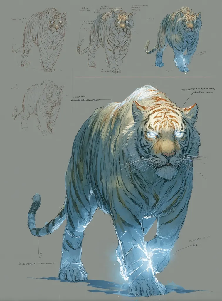 The image showcases concept art of a majestic white tiger, rendered in shades of blue and white.  Multiple sketches depict the tiger from various angles, progressing from simple line drawings to a detailed final illustration.  The final artwork shows the tiger with glowing blue energy emanating from its legs, suggesting power or magic.  The overall style is evocative and fantastical.