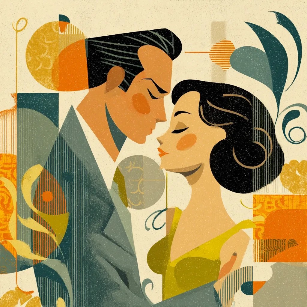 A stylized illustration depicts a romantic couple, heads bowed close in a tender embrace.  The man, in a grey suit, and the woman, in a yellow dress, are rendered in a bold, graphic style reminiscent of mid-century modern art.  The background features abstract geometric shapes and organic forms in muted oranges, greens, and greys, creating a vintage aesthetic.  The overall tone is one of affection and nostalgic charm.