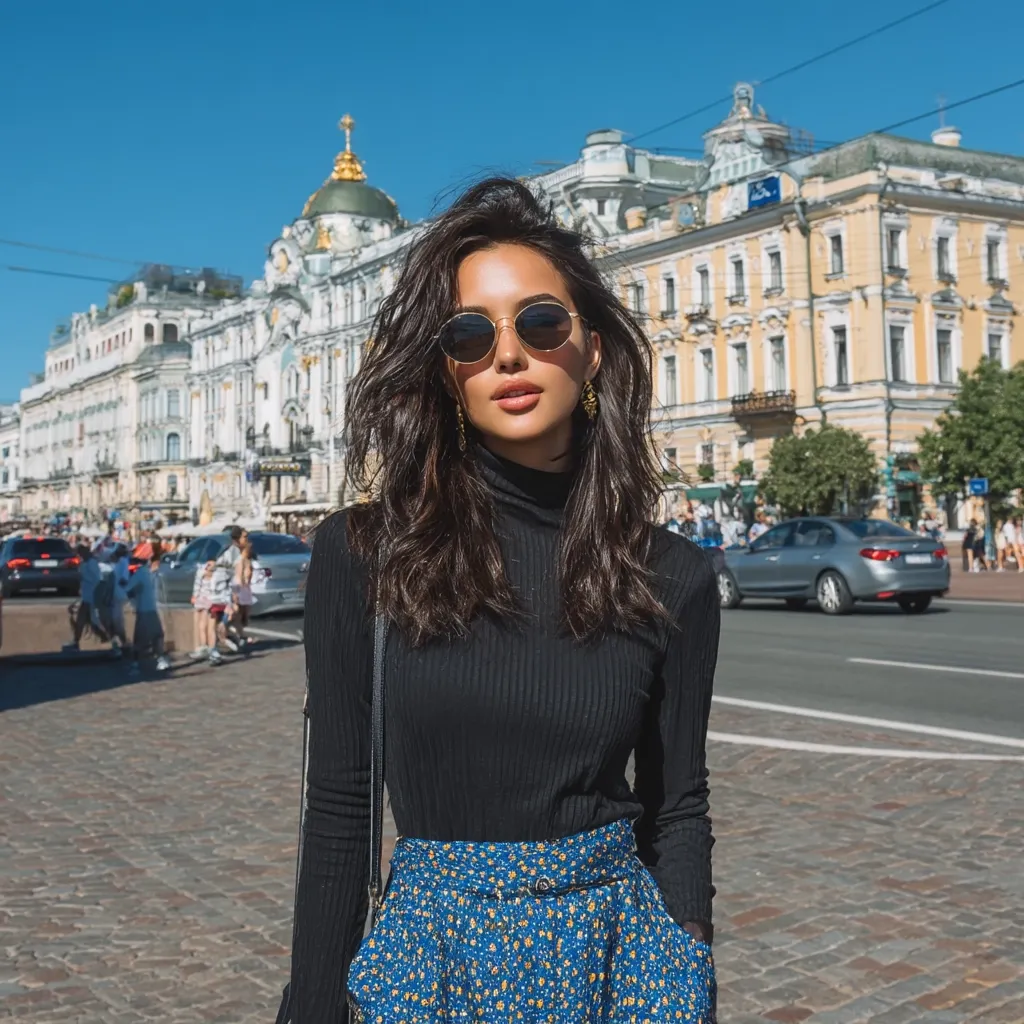 A stylish woman with dark hair and sunglasses stands on a cobblestone street.  She's wearing a black turtleneck sweater and a blue floral skirt.  A grand, yellow building forms a striking backdrop. The sunny day and city setting create a fashionable and urban aesthetic.  Other people are visible in the background, but the focus is on the well-dressed woman in the foreground.