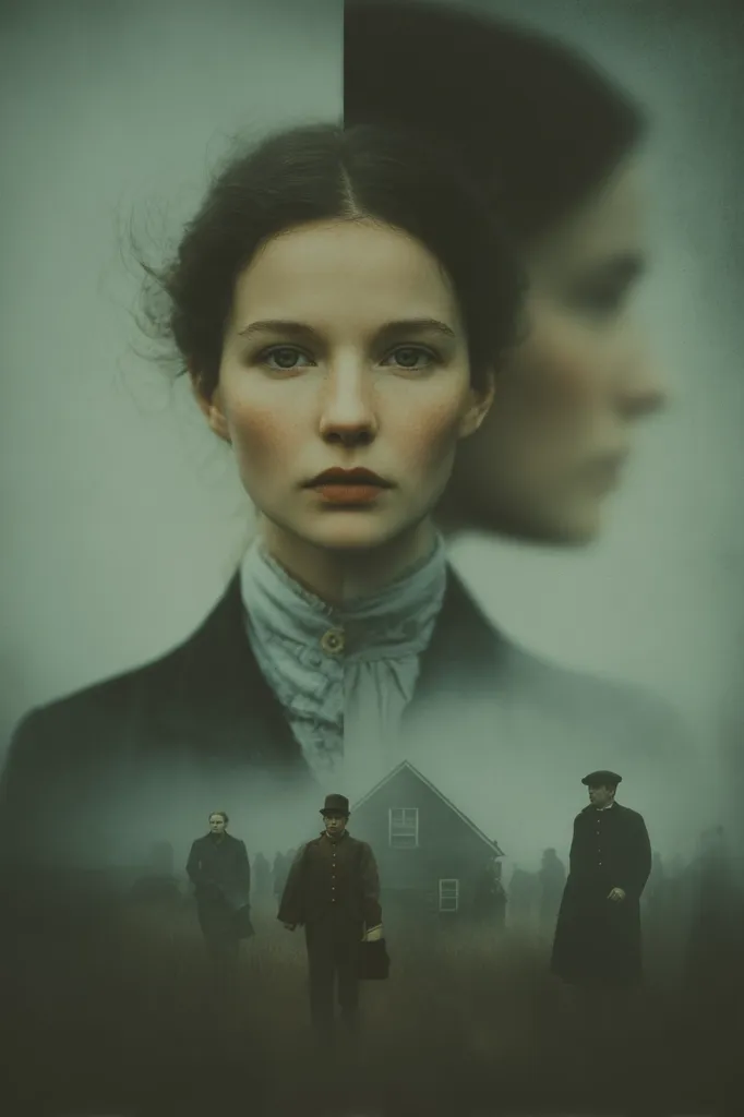 A young woman in period clothing dominates the foreground, her face partially obscured by a ghostly double.  Two men in dark attire walk towards a distant, fog-shrouded farmhouse, creating a mysterious and melancholic atmosphere. The overall image is evocative of a gothic tale or historical drama, with a strong sense of mystery and foreboding. The color palette is muted greens and greys, enhancing the mood.