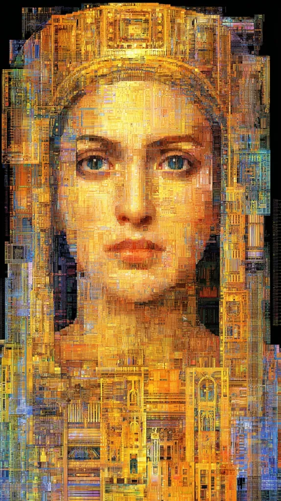 A stylized portrait of a woman, seemingly a queen, adorned with a crown.  Her face is rendered in a mosaic of warm golds and oranges, reminiscent of a circuit board or intricate architecture.  The overall effect is a blend of classical portraiture and technological imagery, suggesting a fusion of history and modernity. The image's texture is rich and detailed, creating a visually striking composition.
