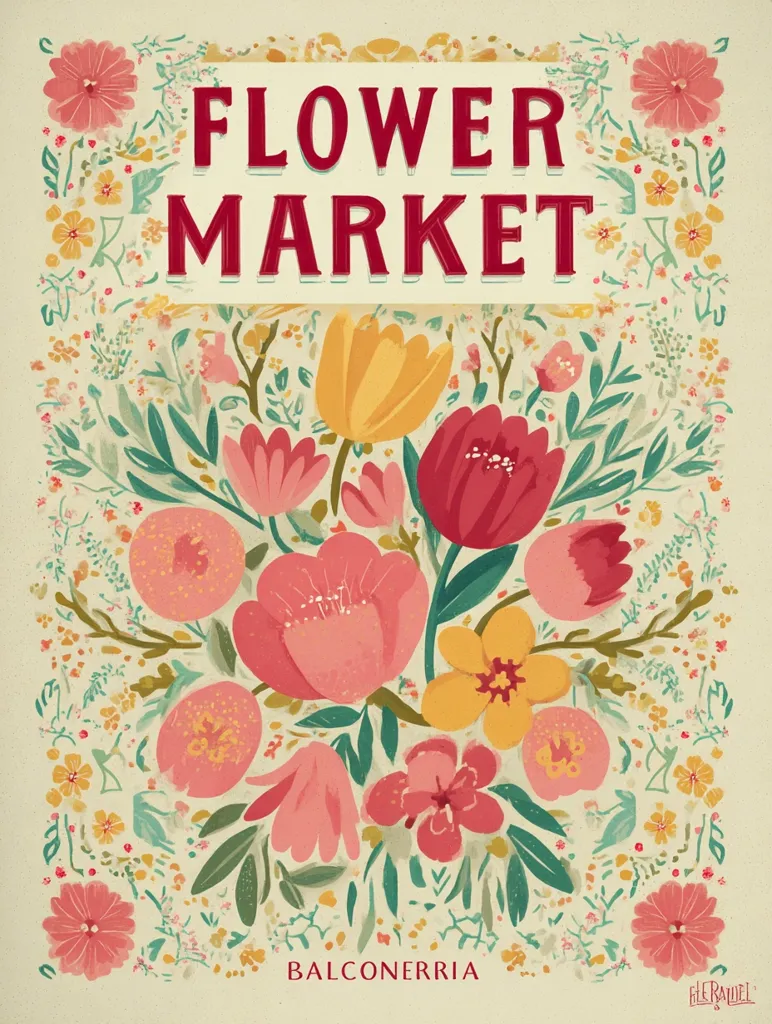 A vibrant illustration announces "Flower Market" in a vintage-style font.  A central bouquet of tulips, roses, and other flowers in pink, red, and yellow bursts from the frame, surrounded by a border of smaller blossoms and foliage on a cream background.  The artist's signature, "Balconerria," is subtly placed at the bottom. The overall style is cheerful and reminiscent of vintage botanical prints.