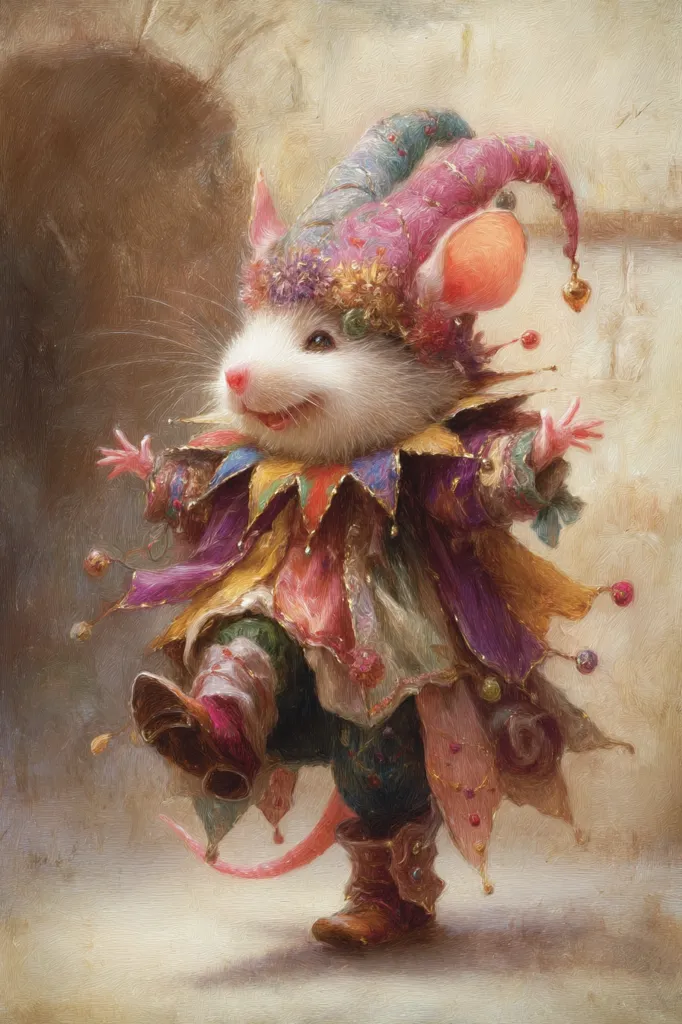 A whimsical painting depicts a charming white mouse dressed as a jester.  The mouse, with a joyful expression, wears a colorful, ornate costume complete with bells and a pointed hat.  Its tiny feet are clad in miniature boots, adding to the endearing character.  The artistic style is reminiscent of a fairytale illustration, with soft brushstrokes and a warm color palette. The background is subtly textured, focusing attention on the lively mouse.