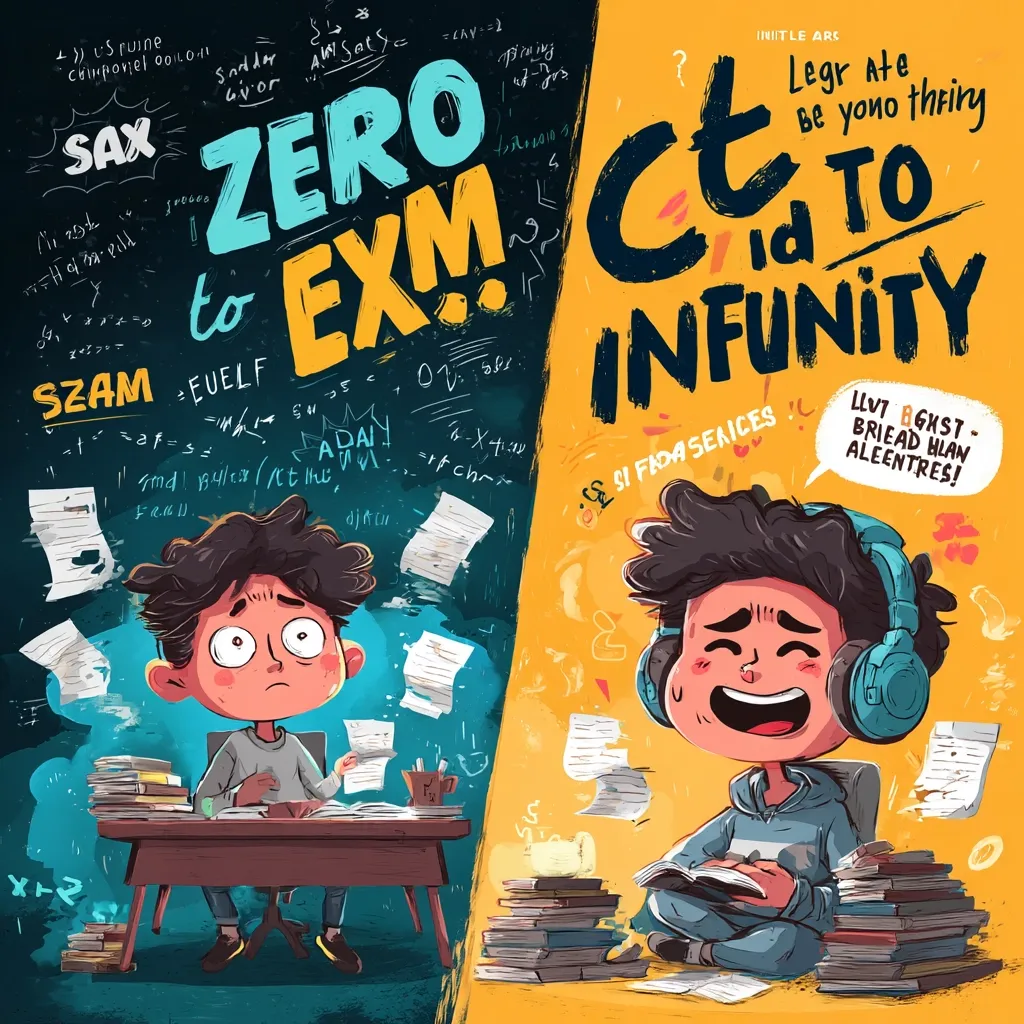 A split illustration contrasts two approaches to studying. On the left, an overwhelmed student is surrounded by papers and formulas, depicting "Zero to Exam" stress.  On the right, a relaxed student with headphones enjoys reading amidst a stack of books, symbolizing a journey "from Zero to Infinity" – suggesting a more relaxed and enjoyable learning process.  The artwork uses vibrant colors and expressive cartoon characters.