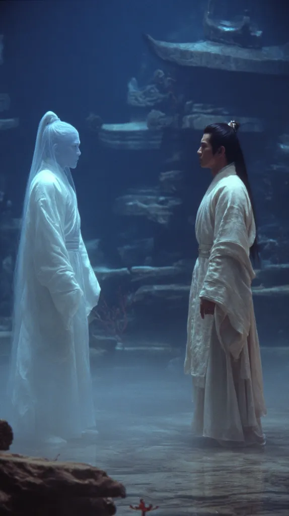 Two figures, draped in flowing white robes, stand facing each other in a dimly lit, ethereal setting.  The background features ancient, stone structures, partially submerged in a misty, bluish water. One figure appears translucent, almost ghostly, while the other is more solid.  Their expressions are serious, suggesting a moment of intense contemplation or dialogue. The overall mood is mystical and serene.