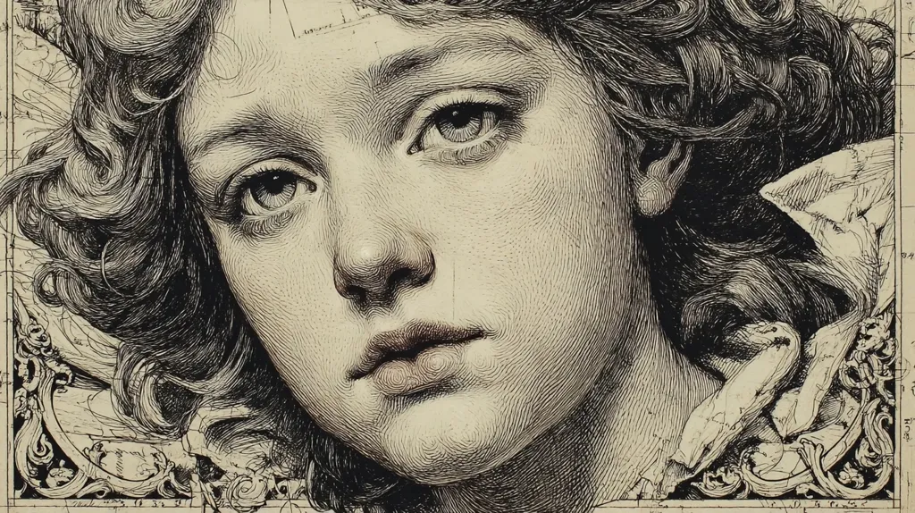 A meticulously detailed black and white drawing of a young woman's face, rendered in a style reminiscent of 19th-century engravings.  Her expressive eyes and softly rendered mouth convey a sense of melancholy.  The woman's curly hair flows around her face, framed by an ornate, decorative border suggesting a classical or Art Nouveau influence. The hatching and cross-hatching create depth and texture throughout the piece.