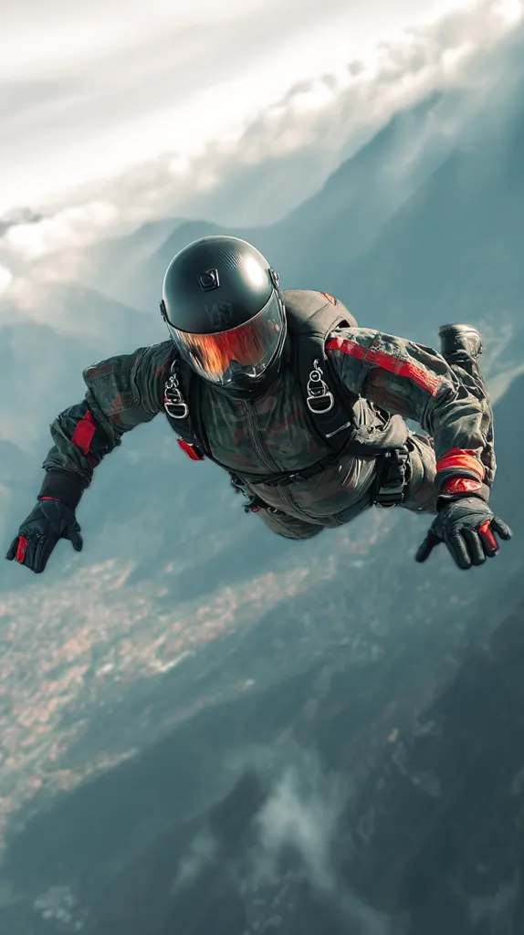 A skydiver, clad in a camouflage jumpsuit and a black helmet, plummets towards the earth.  Red accents highlight the suit's design.  The vast, mountainous landscape stretches below, a sea of green and brown, disappearing into a hazy distance under a partly cloudy sky.  The image captures the thrilling speed and breathtaking perspective of a freefall.