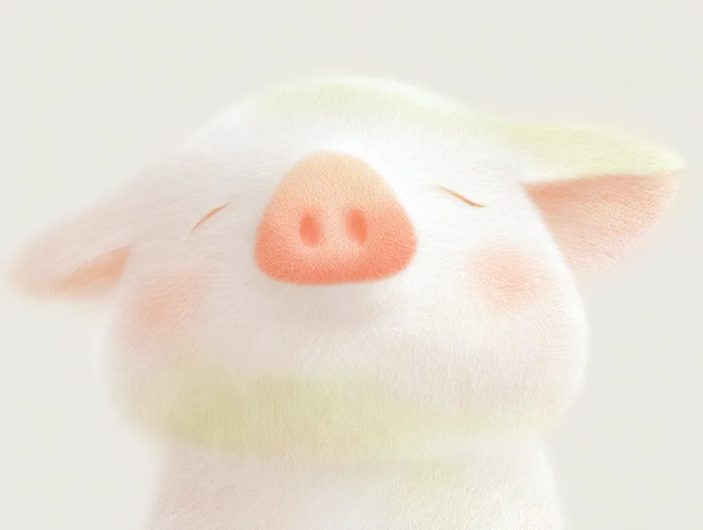 A close-up illustration of a cute, fluffy piglet.  The pig is predominantly white with soft peach and light green pastel hues. Its eyes are closed, giving a peaceful and serene expression. The pig's snout is a gentle peach color, and its fur appears incredibly soft. The overall style is whimsical and charming.