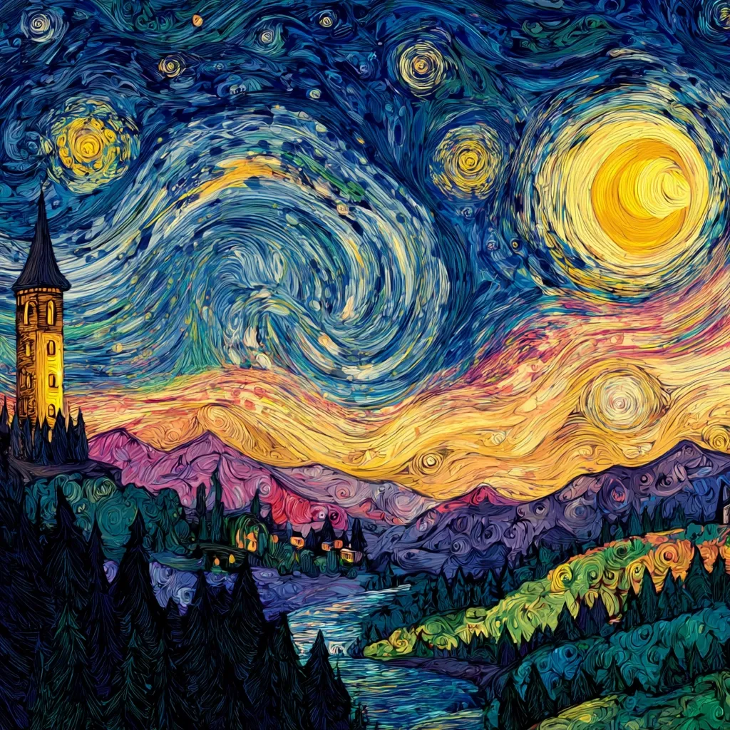 A vibrant, stylized landscape painting reminiscent of Van Gogh's "Starry Night."  Swirling blues and yellows dominate the night sky, filled with large, luminous stars and a bright moon. A tall tower stands silhouetted against the celestial scene, overlooking a river winding through a colorful, rolling hillside village nestled amongst dark evergreen trees. The impasto style adds texture and depth to the fantastical scene.