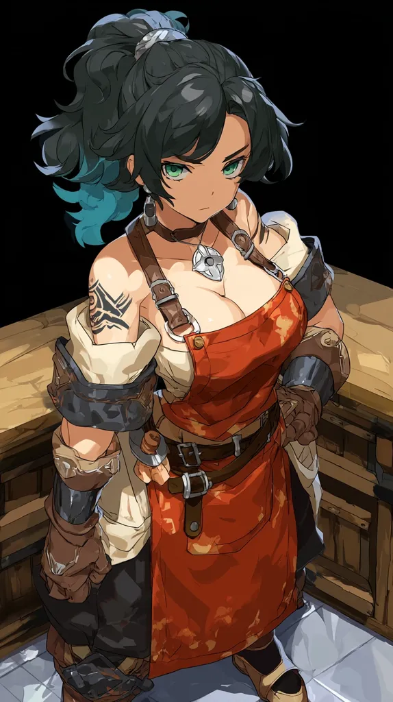 A stylized female character, possibly an anime or video game depiction, is shown from a high angle.  She has dark green hair tied in a ponytail with teal accents, green eyes, and tan skin. She wears a red apron over a cream-colored shirt, leather arm guards, and sturdy work boots.  A tribal-style tattoo adorns her left shoulder. Her serious expression and attire suggest a hardworking, possibly blacksmith or artisan, personality.