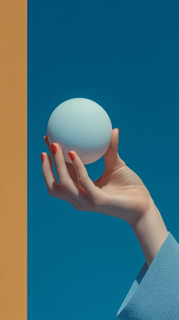 A woman's hand with red nail polish gently cradles a smooth, light-blue sphere against a vibrant teal backdrop.  A muted gold vertical stripe is visible to the left of the frame. The image is minimalist and stylized, focusing on the contrast between the hand, sphere, and background colors. The lighting emphasizes the texture of the hand and the sphere's roundness.