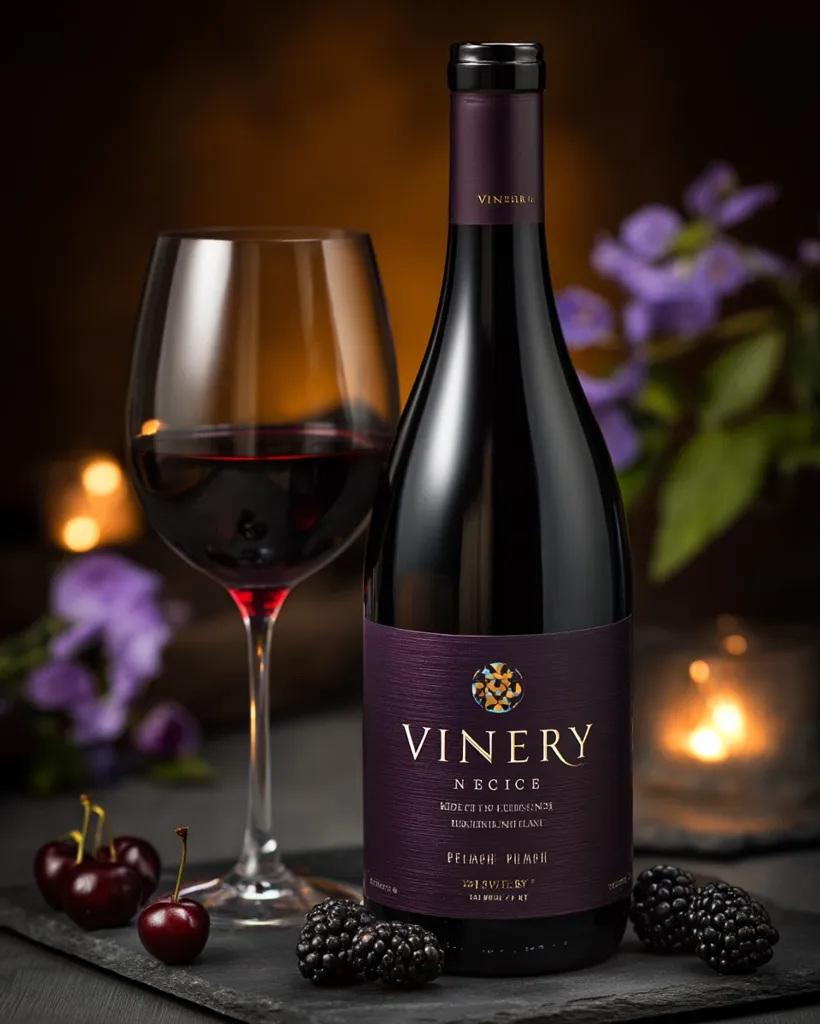A bottle of Vinery Necice Peiach Piumph wine is displayed alongside a glass of red wine.  The dark purple label features an intricate design.  Dark berries, cherries, and purple flowers provide a rich, contrasting backdrop. The scene is elegantly lit, highlighting the bottle and wine's deep color.  The overall mood is sophisticated and inviting.