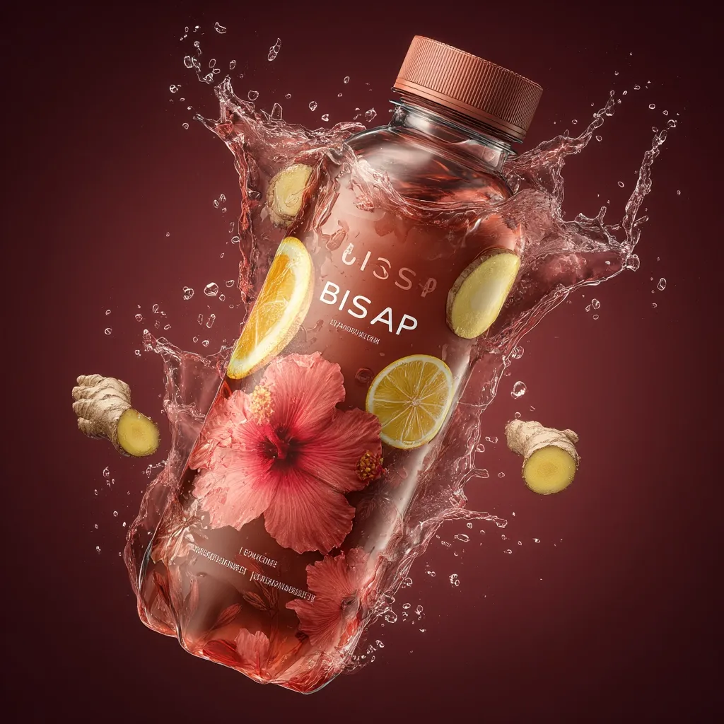A bottle of Bisap beverage is shown, suspended in a splash of water.  The clear bottle reveals the reddish-pink drink infused with hibiscus flower, lemon slices, and ginger pieces.  The brand name "BISAP" is prominently displayed on the label. The overall image is vibrant and evokes refreshment.  Pieces of ginger float around the bottle, enhancing the feeling of a naturally flavored drink.