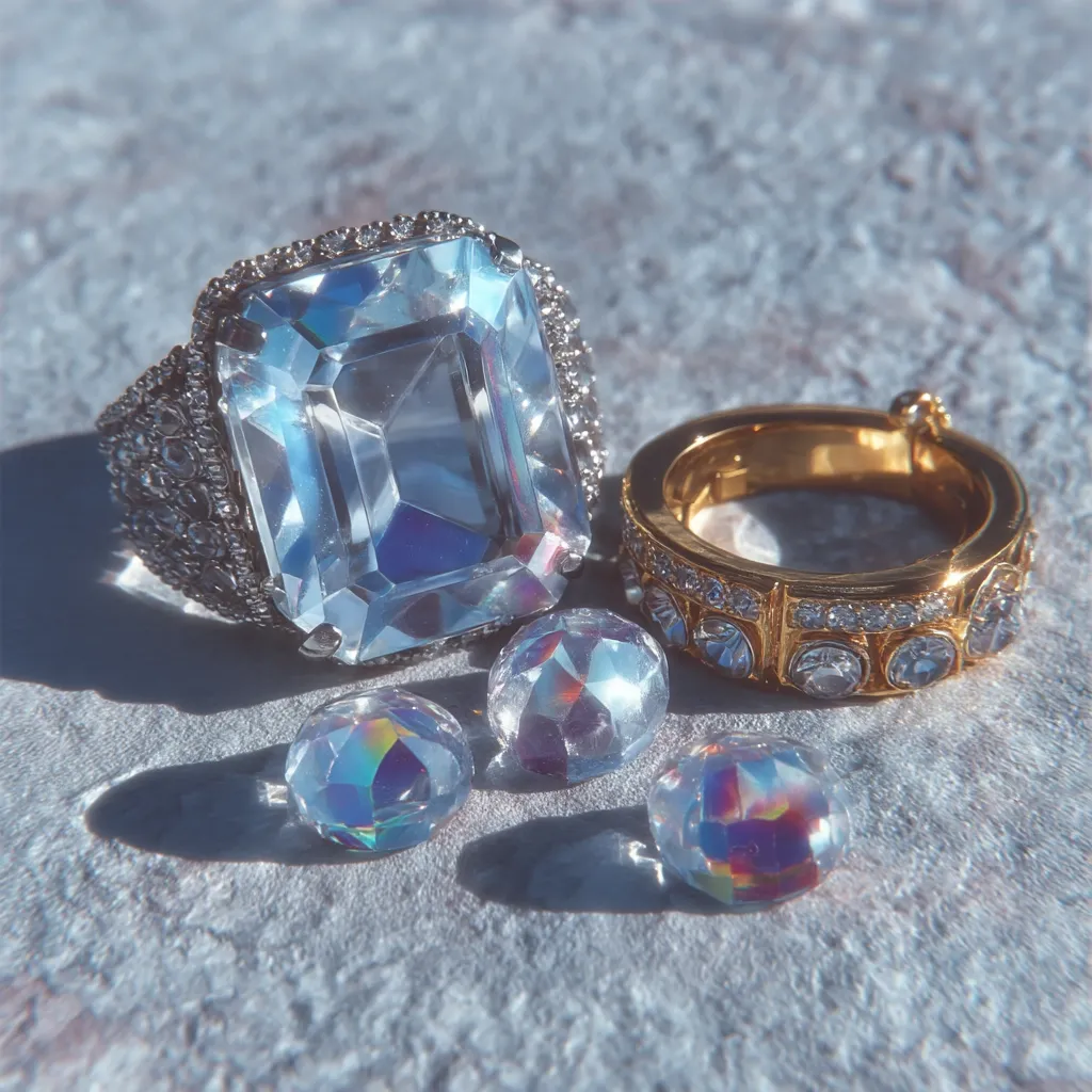 A large, emerald-cut, clear gemstone ring with a silver band sits beside a gold ring encrusted with smaller clear gemstones. Three iridescent gemstone beads are scattered nearby.  The jewelry rests on a textured, light gray surface, bathed in sunlight that highlights the sparkle of the stones. The overall aesthetic is luxurious and glamorous.