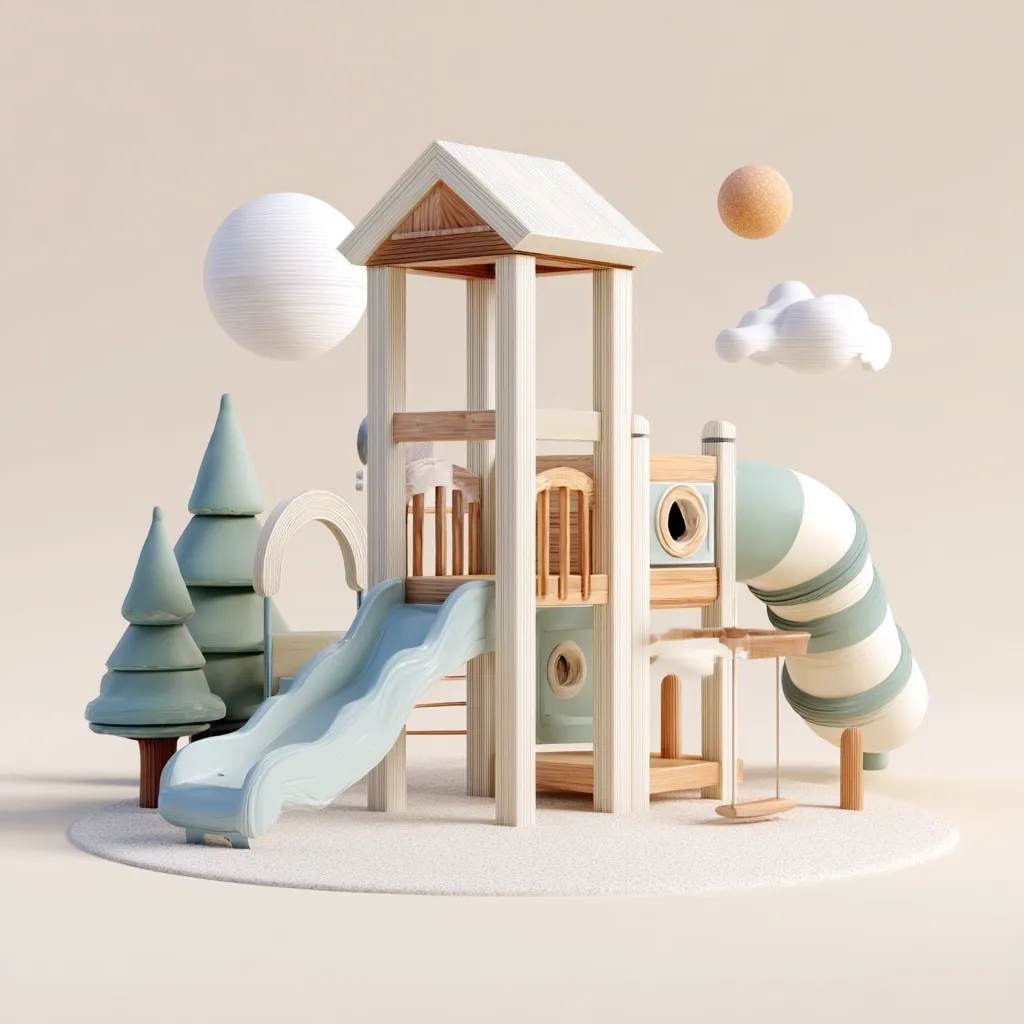A charming, miniature playground is nestled on a soft, beige surface.  Pastel-colored elements—a light blue slide and striped tunnel—contrast with the warm wood tones of the main structure.  Stylized trees and clouds add a whimsical touch to the scene, creating a serene and playful atmosphere. The overall aesthetic is minimalist and calming.