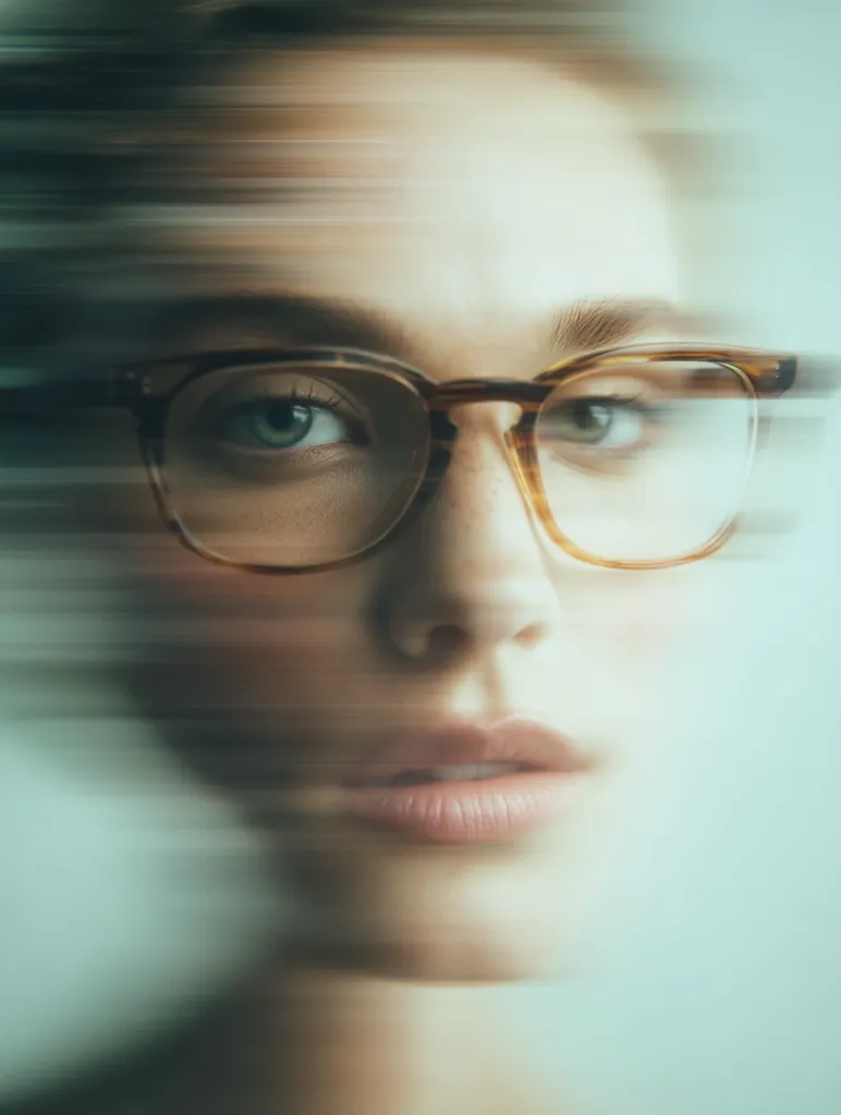 A close-up portrait of a young woman wearing tortoiseshell glasses.  The image is blurred, creating a sense of motion or fleeting time.  Her expression is neutral, her gaze directed slightly away from the camera. The focus is soft, emphasizing the texture of her skin and the warm tones of her glasses. The overall mood is contemplative and slightly mysterious.