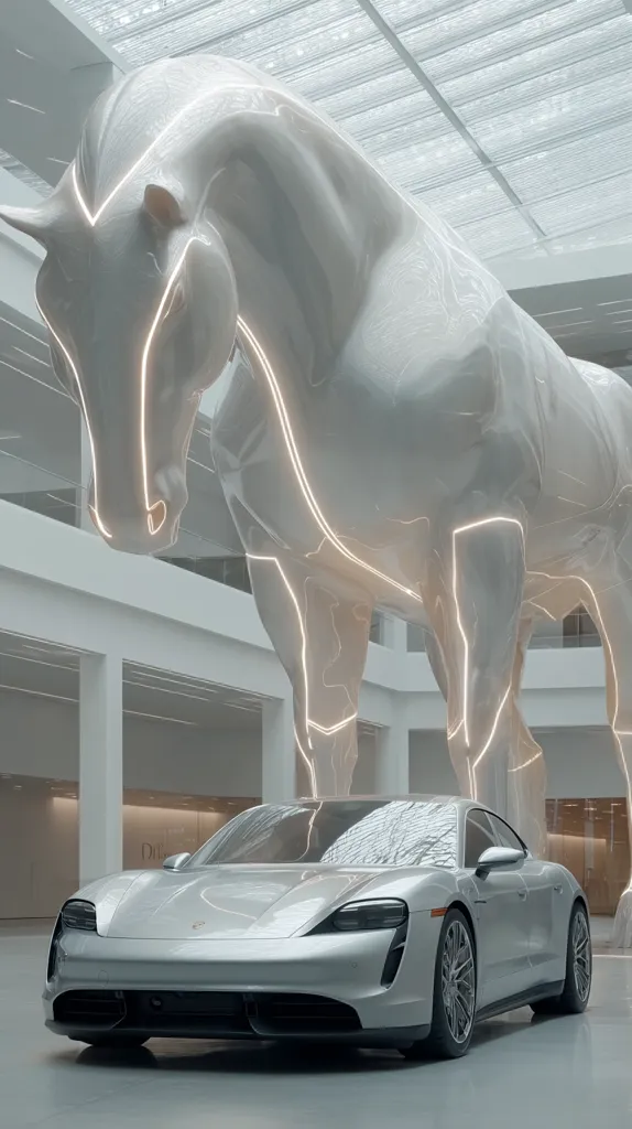 A sleek, silver Porsche Taycan stands beneath a large, white, illuminated horse sculpture in a modern, minimalist building.  The horse's form is subtly outlined with glowing lines, creating a striking contrast with the car's smooth, metallic finish. The setting is spacious and airy, emphasizing the clean lines of both art piece and automobile. The overall scene is a study in contemporary design and elegance.