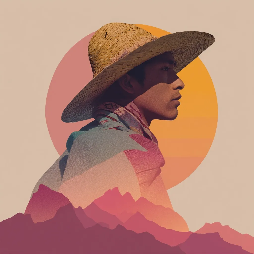 A stylized portrait of a person wearing a large straw hat, profiled against a setting sun. The individual's attire suggests a southwestern or Latin American influence.  The image employs a double exposure technique, merging the figure with a silhouetted mountain range, creating a visually striking and evocative composition with warm, earthy tones.