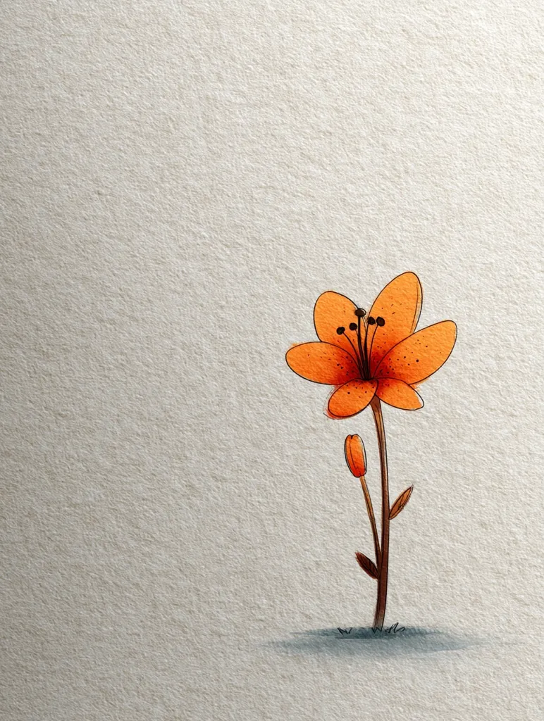 A stylized illustration of a single orange lily in bloom.  The flower is depicted with a simple, almost cartoonish style against a textured, off-white background.  A small bud is visible below the main flower on a slender stem rooted in a small patch of dark grey, suggesting soil. The overall impression is one of delicate simplicity and understated beauty.