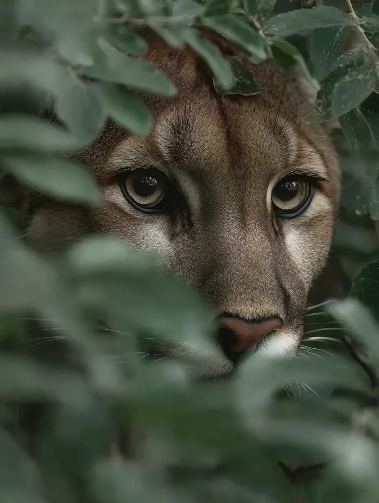 A cougar's face is partially hidden behind lush green foliage.  Its piercing amber eyes are visible, along with its tan and brown fur. The image creates a sense of mystery and wildlife observation, emphasizing the animal's camouflage and watchful presence within its natural habitat. The focus is on the cougar's eyes and nose, drawing attention to its alertness.
