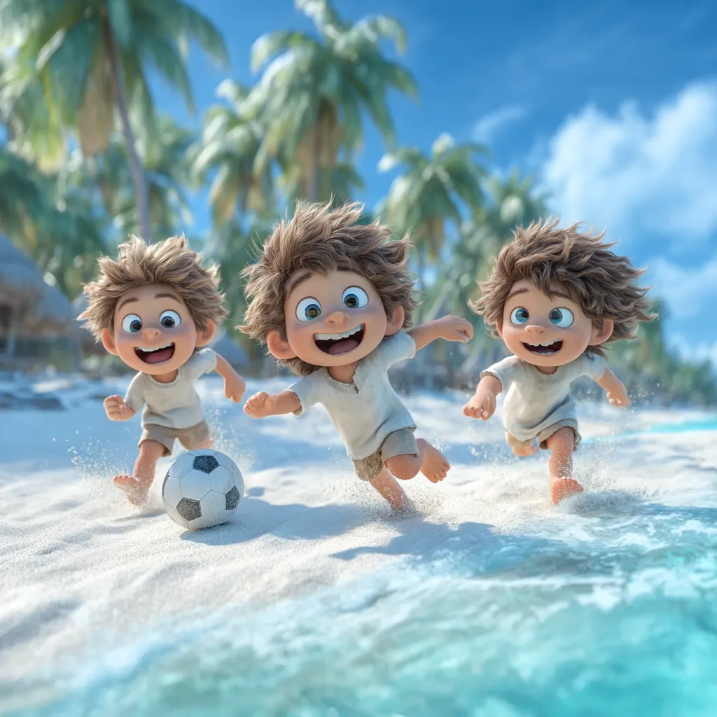 Three cheerful, cartoon boys with brown hair joyfully chase a soccer ball on a pristine beach.  The idyllic setting features turquoise water lapping the shore and lush palm trees in the background.  The boys, wearing simple off-white shirts and shorts, radiate happiness as they play their game near the ocean.  The image is vibrant and playful.