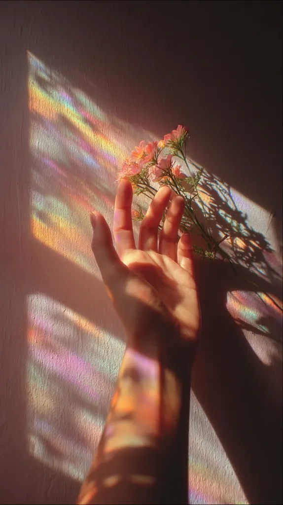 A hand reaches out towards a small bouquet of light pink flowers.  The scene is bathed in the iridescent glow of sunlight refracted through a prism or stained glass window, casting colorful streaks across the wall and the outstretched arm.  The overall effect is ethereal and dreamlike, emphasizing the delicate beauty of the moment.