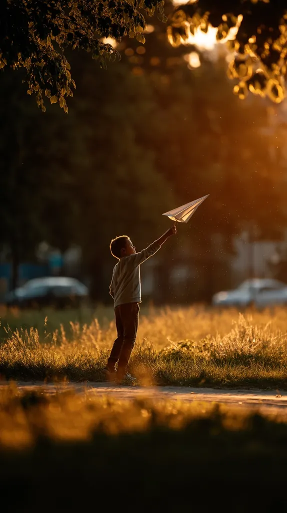 A child stands silhouetted against the setting sun, holding a paper airplane aloft.  Golden light bathes the scene, illuminating tall grass and the child's outstretched arm.  The background is blurred, suggesting a park or field. The image evokes a sense of freedom and childhood wonder.