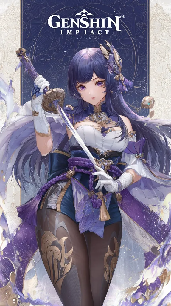 An anime-style female character from Genshin Impact is depicted.  She has long, dark purple hair and violet eyes, and is dressed in a flowing, ornate purple and blue outfit, accessorized with gold detailing.  She holds a katana, her pose suggesting strength and grace. The background features a stylized, swirling design in shades of purple and white, echoing the character's attire. The Genshin Impact logo is prominently displayed at the top.
