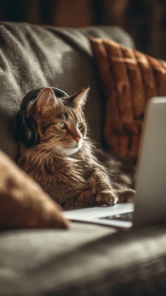 A fluffy brown tabby cat lounges on a couch, wearing black over-ear headphones and resting its paws on a laptop.  The cat appears relaxed and content, perhaps enjoying some music or a video. Soft lighting illuminates the scene, highlighting the cat's fur and the cozy atmosphere.  The overall impression is one of peaceful domesticity.