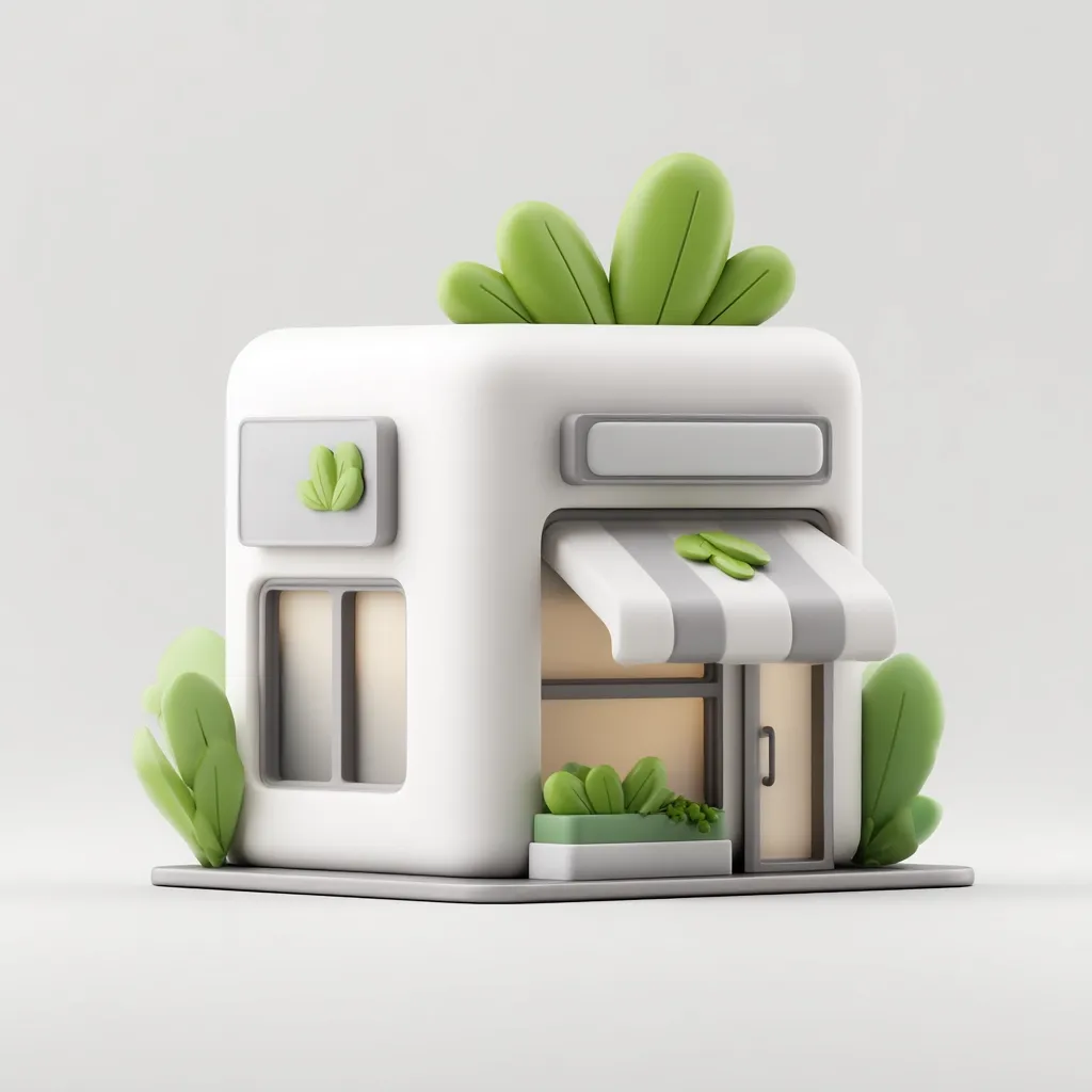 A charming, minimalist 3D rendering of a small shop.  The white cubic structure features a gray striped awning, a window, and a small planter box with green plants.  Simple green leaves adorn the roof and sides, creating a fresh, eco-friendly aesthetic.  The overall design is clean and modern, suggesting a boutique or specialty store.