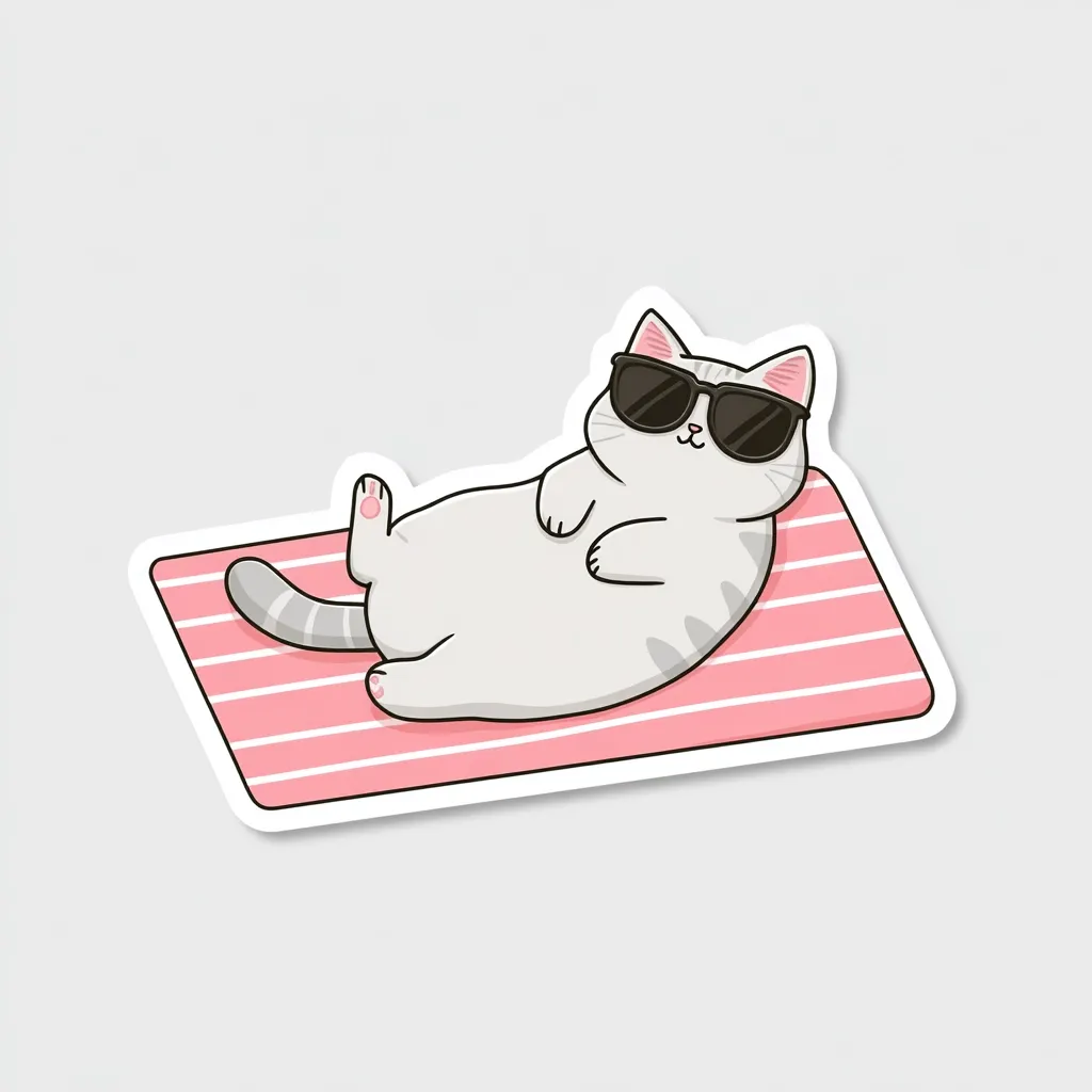 A cute cartoon grey cat wearing sunglasses relaxes on a pink striped beach towel.  The cat is lying on its side, paws tucked in, enjoying the sun.  The sticker-style illustration has a playful and summery feel.  The cat's expression is serene and contented.