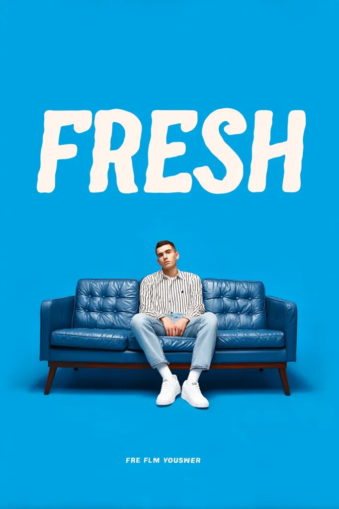 A young man sits on a blue leather couch against a bright blue background.  The word "FRESH" is prominently displayed above him in large, white, stylized lettering. He's dressed in light blue jeans, a striped shirt, and white sneakers. The overall aesthetic is clean and modern, evoking a sense of coolness and style.  The image is credited to "FRE FLM VOUSWER" at the bottom.