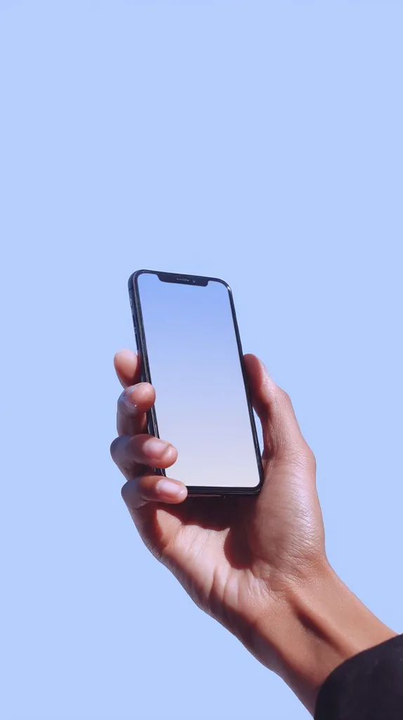 A person's hand holds a smartphone against a pale blue background. The phone displays a blank, light-blue screen, offering a clean, minimalist aesthetic. The hand is dark-skinned, and the image is sharply focused, emphasizing the contrast between the device and the backdrop.  The overall impression is one of simplicity and modern technology.
