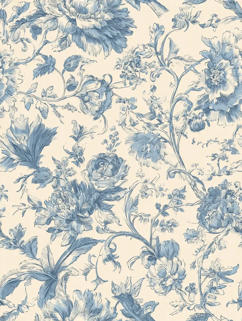 A seamless pattern features a delicate, blue floral design on a creamy off-white background.  Intricate, swirling stems intertwine with large, stylized peonies and smaller blossoms. The style evokes a vintage or toile feel, with a hand-drawn quality to the illustrations.  The color palette is soft and muted, creating a sophisticated and elegant textile print.