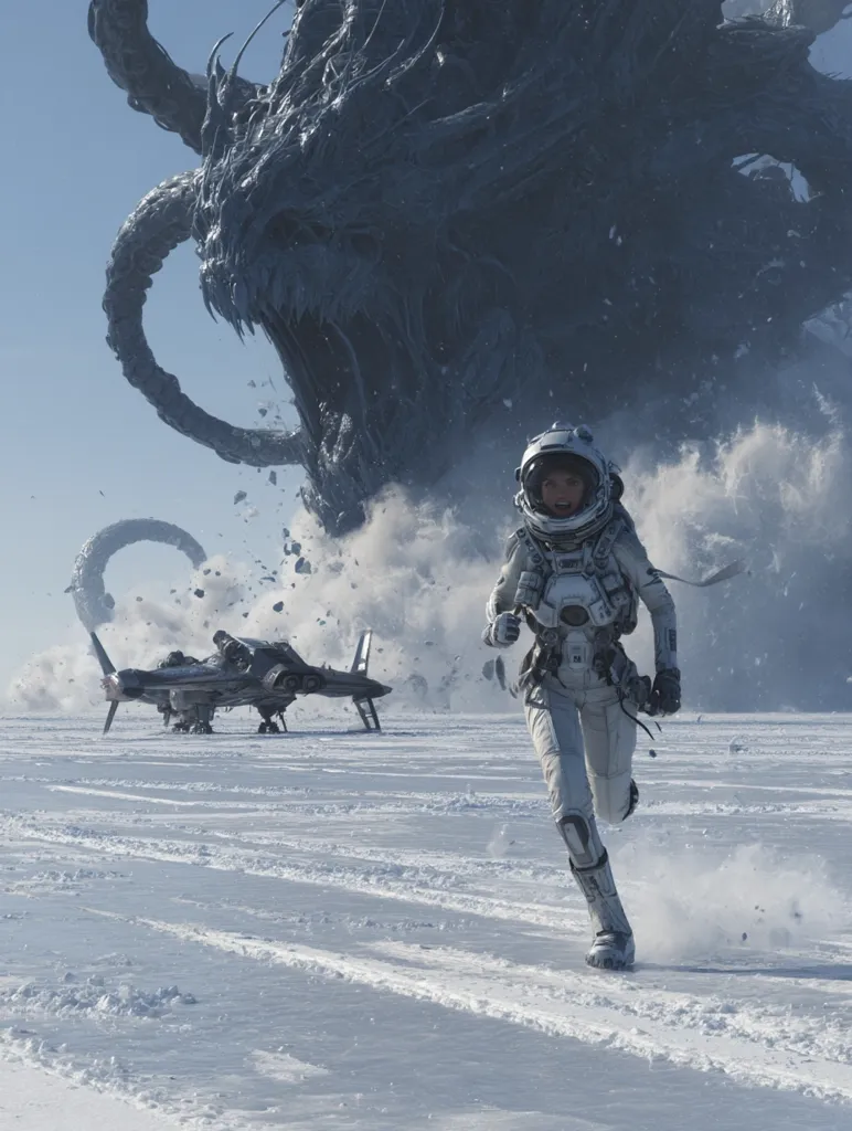 A female astronaut in a white spacesuit runs across a snowy, desolate landscape.  Behind her, a colossal, monstrous creature of dark, organic material unleashes a cloud of debris.  A damaged spacecraft lies wrecked in the distance, suggesting a recent catastrophic event. The scene is dramatic, conveying a sense of urgency and impending doom.