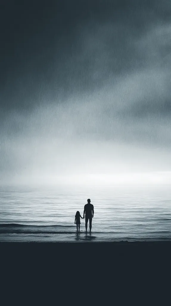 A father and daughter stand silhouetted against a calm, gray sea under a brooding sky.  They hold hands, their backs to the viewer, facing the water.  The overall mood is somber and contemplative, with the dark sky and water emphasizing the solitary figures. The image evokes feelings of mystery and introspection.